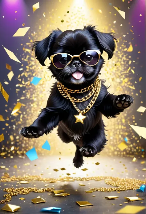 masterpiece：stage，（2 adorable small black Shih Tzu puppies This is a rock star），Bass，Wearing sunglasses，Wearing a big gold chain，Fashion Clothing。Human movement，motion capture。excited，Cheerful，Confetti