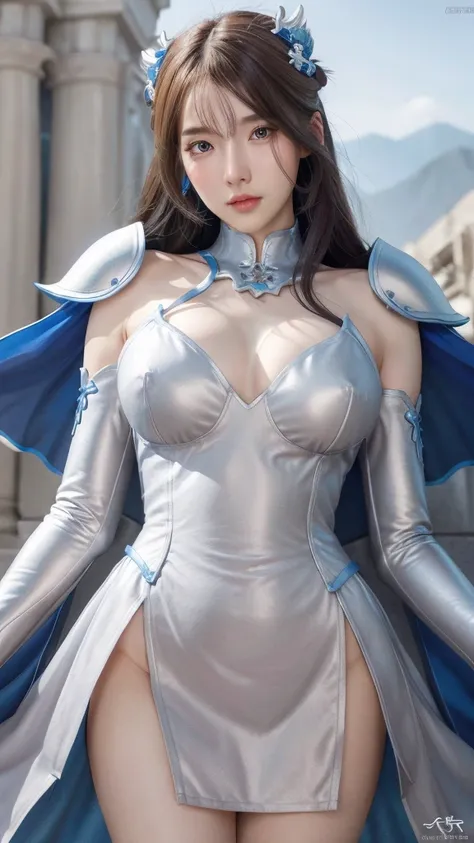 Close-up of woman in silver and blue dress, Cheng Wei Pan on artstation, By Yang J, Detailed fantasy art, Amazing character art, fanart awesome artstation, Excellent and neat character art, beautiful armor, A very detailed RTM pathogen., Detailed digital a...