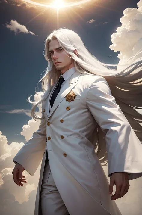 man, twenty four years old, white long hair, wearing white suit, strong body, calm face, golden eyes, long distance view, wide angle image, no beard, flying above the clouds, cloudy day, dark clouds, giant sun at the horizon, epic and emotional scene