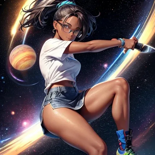 One girl, dark skin, Small breasts, wears thick-framed glasses that accentuate his facial features, Short Hair, Ponytail and gray, Silver Shirt, She is wearing another tight shirt underneath her shirt, Vibrant color details reminiscent of stars and planets...