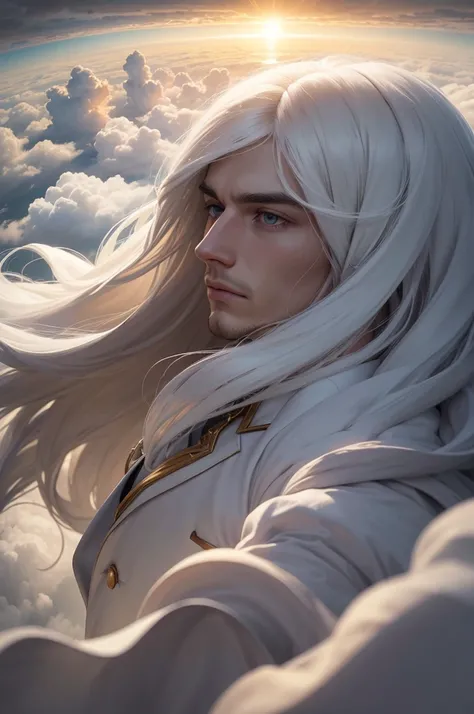 man, twenty four years old, white long hair, wearing white suit, strong body, calm face, golden eyes, long distance view, wide angle image, no beard, flying above the clouds, cloudy day, dark clouds, giant sun at the horizon, epic and emotional scene