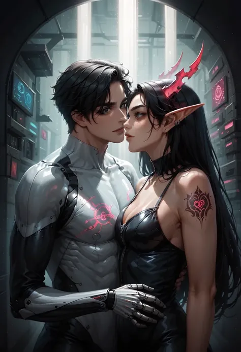 2 guys ethereal demonic 25 year old anime guy male druids, with metallic long hair, delicate masterpieceintimate delicate etched glowing neon tattoos, Fabulous full view painting of a winking beautiful and gorgeous elf ((male)) almostkissing, perfect face,...