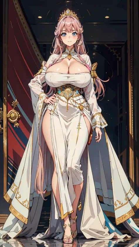 1 woman with floor-length pink hair, huge and big breasts, wearing royal attire in white with black and gold details, tall woman
