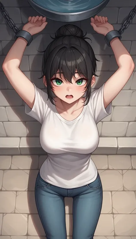 score_9, score_8_above, score_7_above, score_6_above, score_5_above, score_4_above, fountain_cheered up, 1 girl, by rubio, Bun, green eyes, ww chain, arms outstretched, messy hair, White shirt, Jeans, Dungeon, Best Quality, better resolution, 4k HD,
 