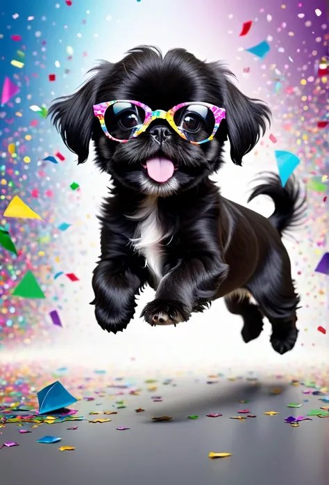 masterpiece：stage，（2 adorable small black Shih Tzu puppies This is a rock star Wearing sunglasses Fashion Clothin Human movement，motion capture。excited，Cheerful，Confetti