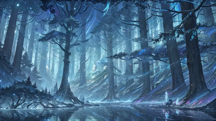 Magic forest in surreal anime style for ambient music cover. Giant trees with twisted trunks and luminescent leaves in pastel tones. A central clearing reveals a crystalline lake reflecting an impossible starry sky, with animated constellations and norther...