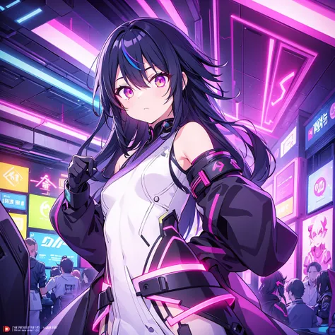 , NO_LINE_ART, kimono, eyes, dynamic pose, dynamic shot, A futuristic and cyberpunk room. The entire room is filled with intensely glowing elements from neon lights and holographic displays placed throughout. upper body shot