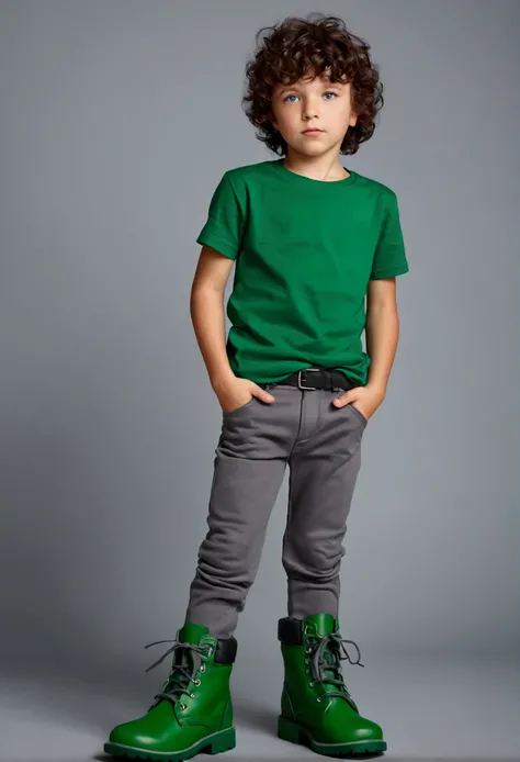 Dark-haired boy with curly brown hair and green eyes, with a green t-shirt and gray pants with green details and cool gray boots and green details 