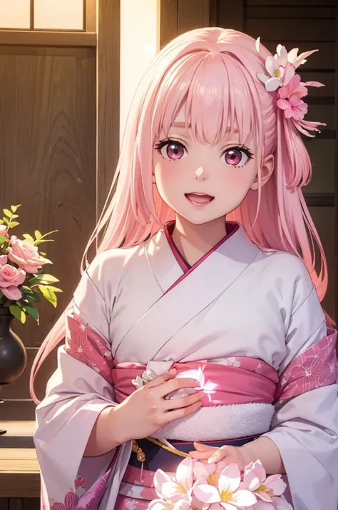 Very detailed CG Unity 8K wallpaper, Cute One lady, Mature pink hair、lady ,beautiful lady, pale skin (Super masterpiece, Beautiful person, well detailed face polluted smile, Photorealistic, hyper realisitic), Colorful winter kimono in pink and white colors...