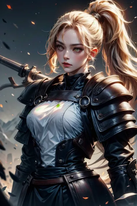 (absurdres, highres, ultra detailed), clean detailed anime art, 1woman, blond hair, long hair, pony tail, yellow eyes, white skin, samurai, after battle, day, battlefield