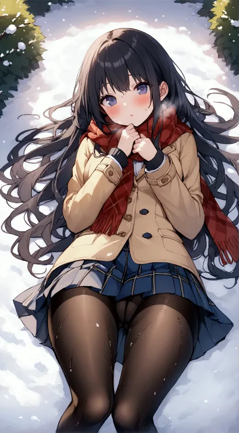 One Woman、beautiful girl、after school、evening、high school girl、Academy、Back of the school building、Schoolyard、winter、Under a big tree、It&#39;s snowing、Snowfall、Blazer uniform、Pleated skirt、Duffle coat、Black Pantyhose、Long Hair、Wearing a scarf、Highest quali...