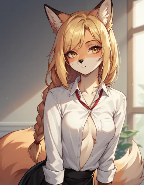 score_9,score_8_up,score_7_up, Anthro, light yellow anthro furry fox girl, golden blonde furry body, long blonde hair, single braided hair, yellow eyes, snout, black nose, blonde furry body, fox ears and tail, small breasts,  wearing white button up shirt,...