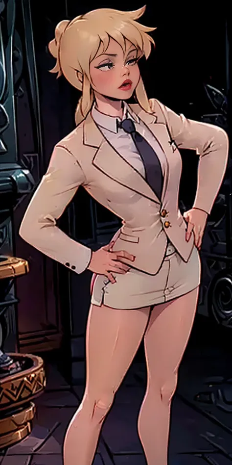 ((masterpiece, white background)) full body of a woman, skirt suit, (((three-piece suit))), (((dress shirt))), (((necktie))), ((...