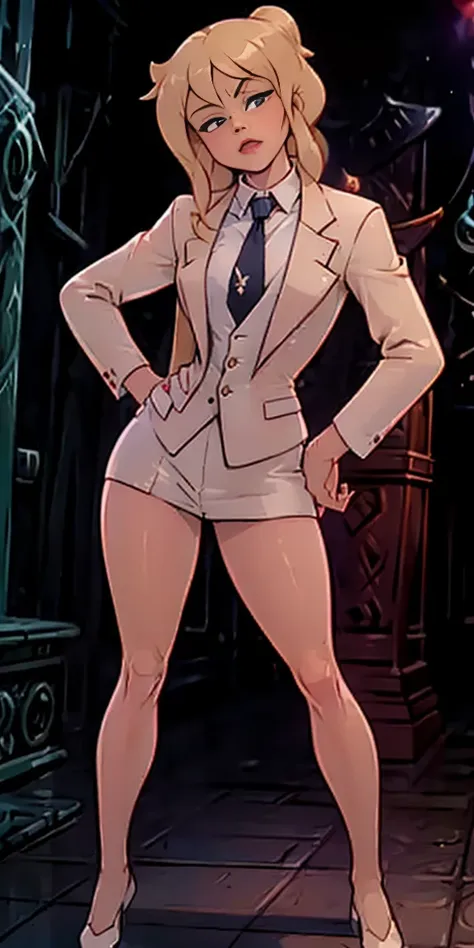 ((masterpiece, white background)) full body of a woman, skirt suit, (((three-piece suit))), (((dress shirt))), (((necktie))), ((...