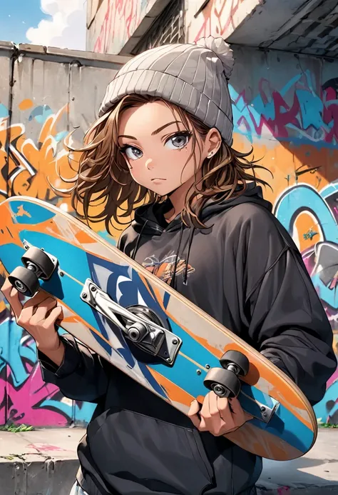 Skaterguy, 2000s style brown messy hair, holding skateboard, graffiti, grey beanie, up close, anime