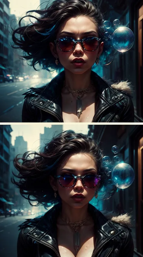 Snthwve Style Nvinkpunk Beautiful Drunk Woman Like Sandman Delusion, (amazing colored soap bubbles), por Jeremy Mann, by Sandra Chevrier, by dave mckean and richard avedon and maciej kuciara, punk rock, Sunglasses, regatta, high detailed, 4k, rtx
