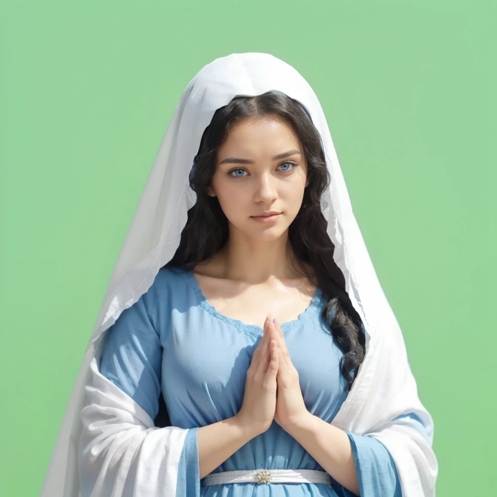 Beautiful woman with light blue eyes, curly black hair, wearing a blue tunic with wide, long sleeves adjusted at the waist by a white sash. Wear a thick white veil.