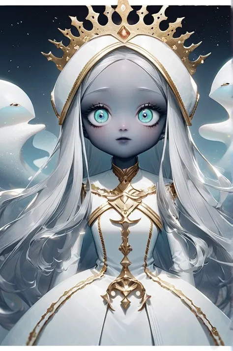 ((Лучшее качество)), ((шедевр)), (подробный), an alien with big eyes, long hair, gray skin in a space dress and with a crown on her head