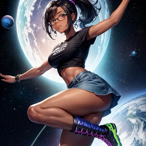 One girl, dark skin, Small breasts, wears thick-framed glasses that accentuate his facial features, Short black hair, Ponytail Silver Shirt, She is wearing another tight shirt underneath her shirt, Vibrant color details reminiscent of stars and planets in ...