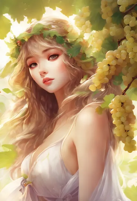 best quality,masterpiece,Ultra-high resolution,(truthfully:1.4),,Cartoon animated characters,20 years old,Japanese elf girl,Waist length hair,Large Breasts,smart eyes,Wear cotton clothing,in the vineyard,picking grapes,