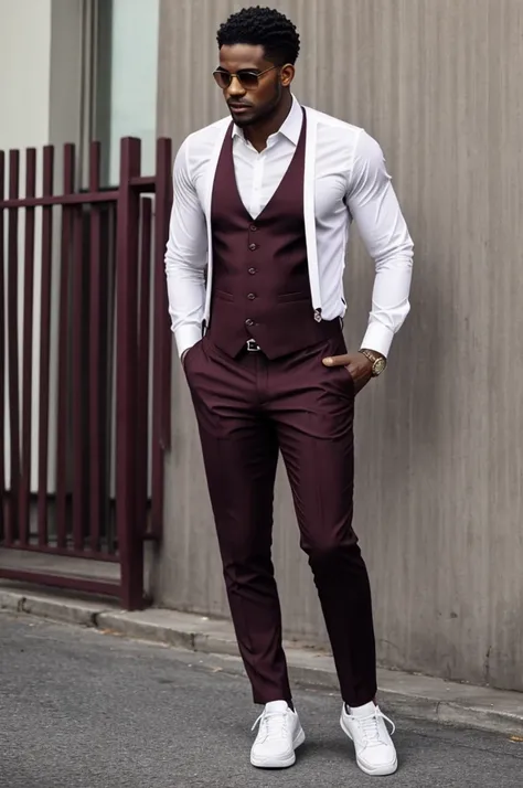 Black guy wearing a full burgundy suit, white shirt, waistcoat, no tie and white sneakers