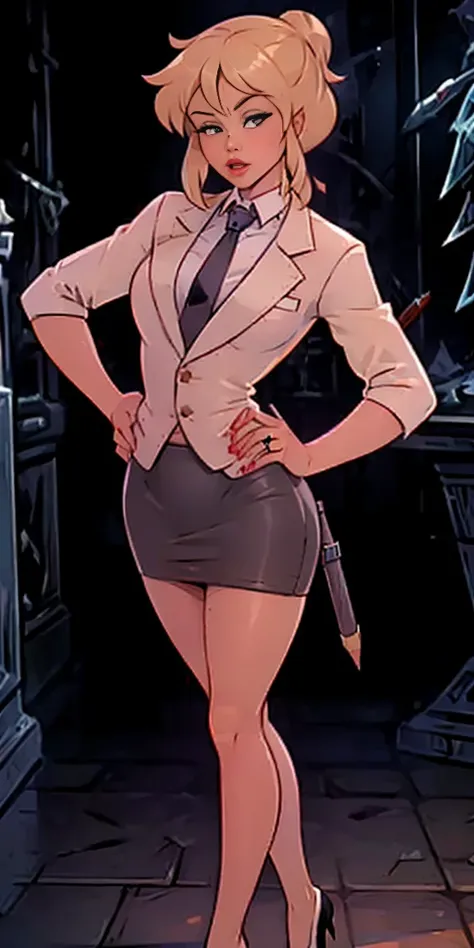 ((masterpiece, white background)) full body of a woman, skirt suit, (((three-piece suit))), (((dress shirt))), (((necktie))), ((...