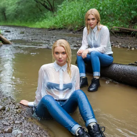 two women, jeans, sneakers, blonde hair, blue eyes, in the rain, wet shirt, wet blouse, white blouse, ankle boots, soaked hair, sitting in a creek in the water