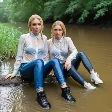 two women, jeans, sneakers, blonde hair, blue eyes, in the rain, wet shirt, wet blouse, white blouse, ankle boots, soaked hair, sitting in a creek in the water