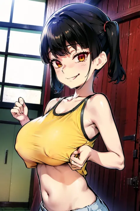 gesugaoをしながらtitfuckをするsasaki kanna, Yellow Tank Top, underboob, Sweat, Black hair twin tails, Guess face, smile, crazy Smile, 勝ち誇ったsmile, Her body is like that of a slender elementary school student, but her breasts are large., Sasaki Kanna squeezes this s...