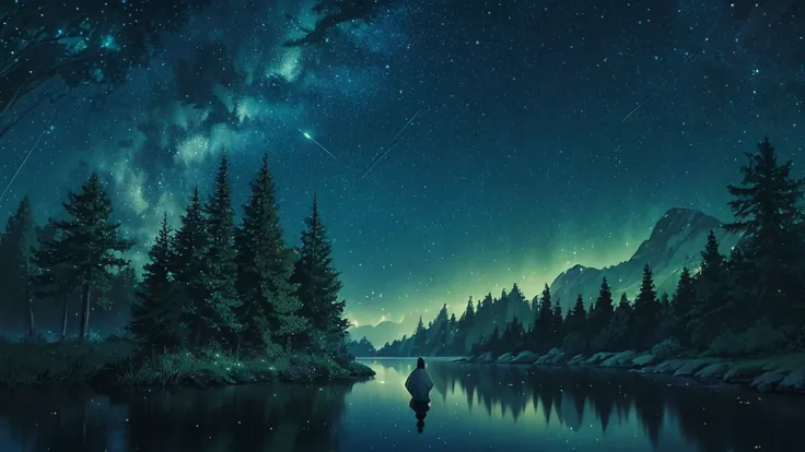 "Night forest where trees have trunks that shine like stars and leaves that change color according to the moonlight. A central clearing reveals a lake reflecting a starry sky where constellations move and change. Creatures such as giant fireflies and star ...