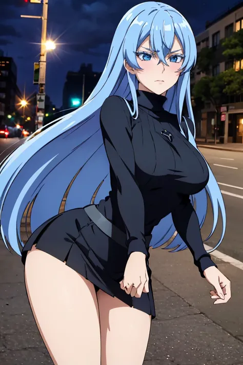 (artwork, best quality) a girl with long blue hair, blue eyes, blue eyelashes, black turtleneck sweater, black mini skirt, big breasts, bare legs, upset, perfect body, pretty eyes, nice waist, blushing, on a street in New York, at night