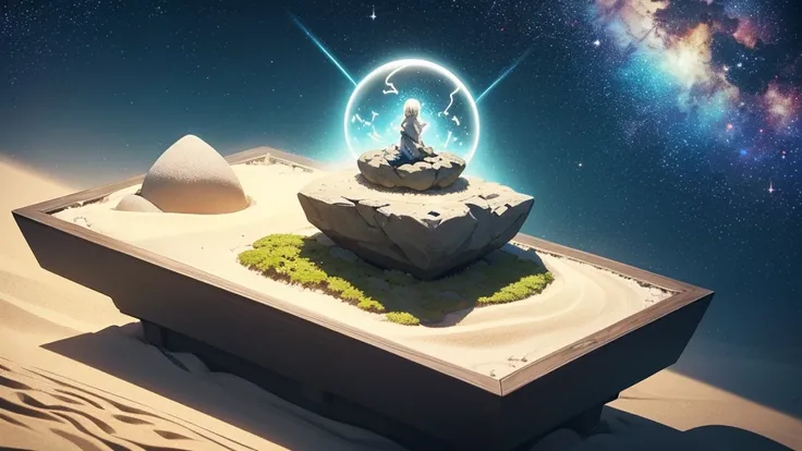 Zen garden floating in space, in minimalist anime style for meditation music. Rocks and sand forming seamless geometric patterns, suspended in the stellar void. Bonsai trees with constellation leaves. A robotic monk crawls the sand creating galactic mandal...