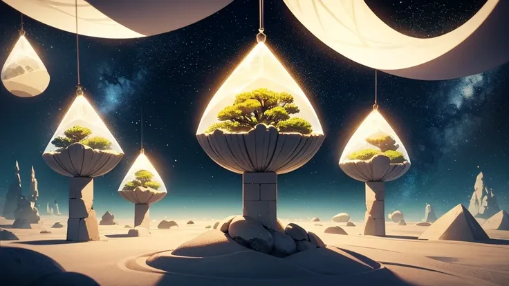 Zen garden floating in space, in minimalist anime style for meditation music. Rocks and sand forming seamless geometric patterns, suspended in the stellar void. Bonsai trees with constellation leaves. A robotic monk crawls the sand creating galactic mandal...