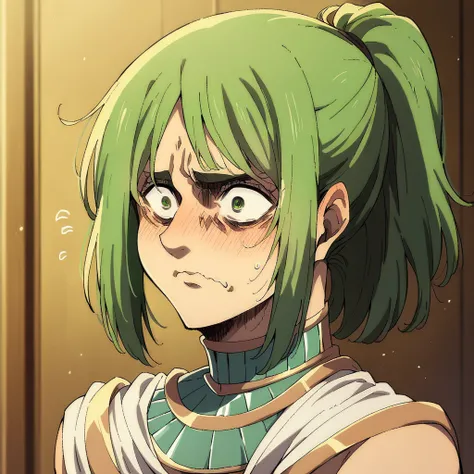 singeki_no_kyojin_s4_style,portrait, solo, Mion Sonozaki, green hair, green eyes, ponytail, Egyptian clothes, shockedface,embarrassed, constricted pupils,