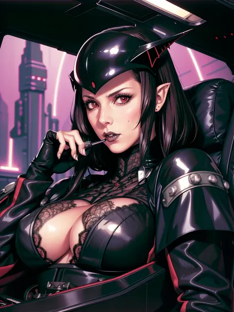 (((gothic vampire piloting) in gothic spacecraft)), (((retro anime))), ((from below)), ((120 fov)), ((((gothic)) control panels)), (((mature))), (((gothic))), (iridescent) bodysuit, ((((lace accessories)))), ((pilot seat)), ((((lying back)) pose)), (((eleg...