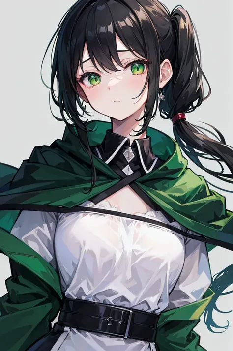 portrait, upper body face through torso, black hair, long wavy side ponytail, eromanga, half closed eyes, green eyes, boring face,dark green cloak