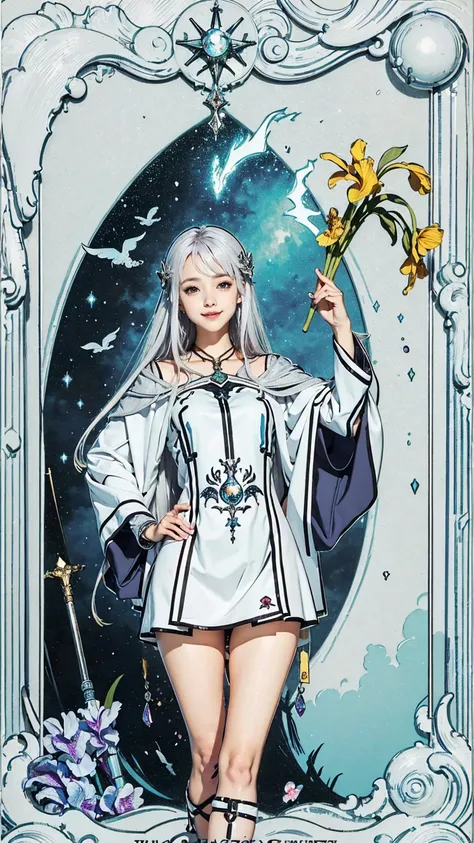 (Tarot card style:1.3), (Anime Style:1.3), masterpiece, Highest quality, Highest Resolution, Anatomically correct, Accurate Anatomy, (Floral blank background:1.3), (1girl:1.3), 20-year-old, Height: 165cm, Shot from thigh up, (Thick thighs:1.2), (Long Hair,...