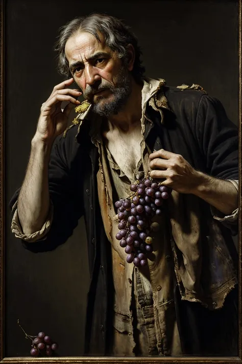 Realistic masterpiece a poor  with dirty and torn clothes holds some grapes in his hand and cries because he is very hungry high contrast management maximum quality visual impact baroque oil painting style style of Henri Fantin 