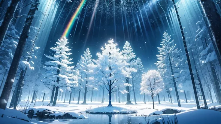 Forest of glass trees in a winter landscape, anime style to contemporary classical music. Transparent trees that refract light creating rainbows in the snow. Musical snowflakes that tinkle as they fall. An ice piano in a clearing, touched by invisible hand...