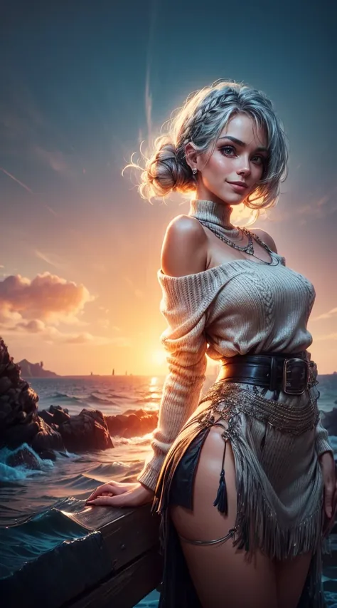 sunset city,The actress is a very beautiful Western adult woman...... bobbin lace ruffle miniskirt,sexy face, Belt pouch, Oversized Loose Bobbin Lace Sweater, V-neck and cold shoulders . happy smile.sexy face, (silver hair、Bollos retorcidos en una Horse ta...