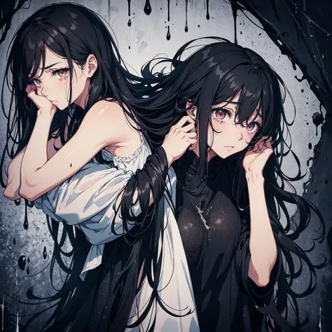 despair, girl, tears, arms covering face, black hair, long hair, messy hair, runny makeup, black background, rain, portrait