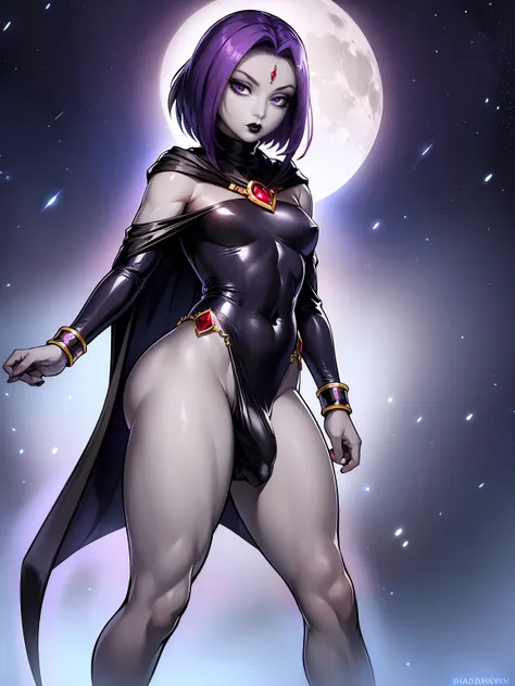 (solo:1.1),(masterpiece), (best quality:1.3), ultra detailed, intricate, professional art, digital art, absurdres, shadraven, (Full body view:1.1), 1girl, solo, (grey skin:1.4), dark purple hair, bob hair, purple eyes, hips wider than shoulders, pear shape...