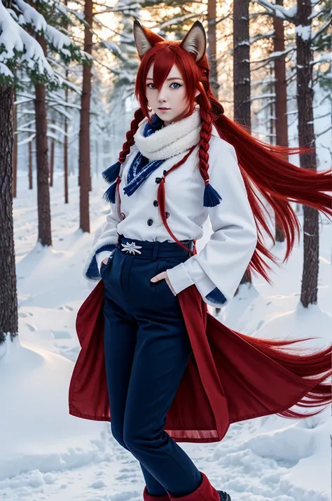 An anime girl, Genshin Impact character with fluffy red hair, long braid, fox ears and tail, dark red clothing, dark blue pants, blue and white scarf, blue eyes with triangle pupils, full body image, snowy background