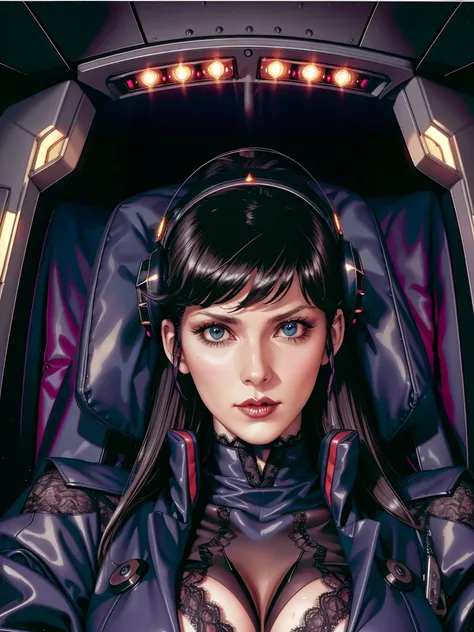 (((gothic vampire piloting) in gothic spacecraft)), (((retro anime))), ((from below)), ((120 fov)), ((((gothic)) control panels)), (((mature))), (((gothic))), (iridescent) bodysuit, ((((lace accessories)))), ((pilot seat)), ((((lying back)) pose)), (((eleg...