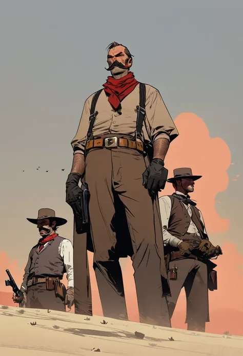 score_9, score_8_up, score_7_up, score_6_up, score_5_up, score_4_up, 1man, Western, Desert, Dark night, Horizon, far away, Wild West, red dead Redemption, cartoon art style, Bald, without beard, large scar on face, smoking, revolver, suspenders, big Mousta...