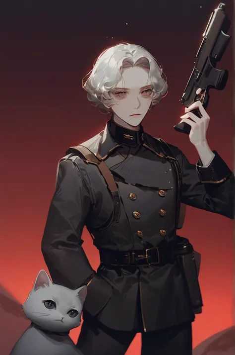 ((Лучшее качество)), ((шедевр)), (подробный), The soldier is gloomy, his hair is dark. A gun in one hand, a gray cat in the other.  There is a rocket and a red sky behind my back