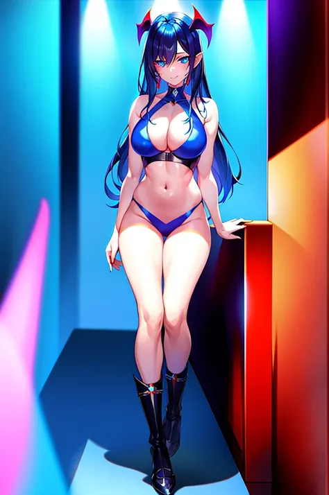 demon , alone, blue skin, Romanian ethnicity, full color, full of details, portrait photo, black hair, blue eyes, shadows, lights, lands, 8k, HDR, anime style, full reality, full body photo, hot , very hot, hentai