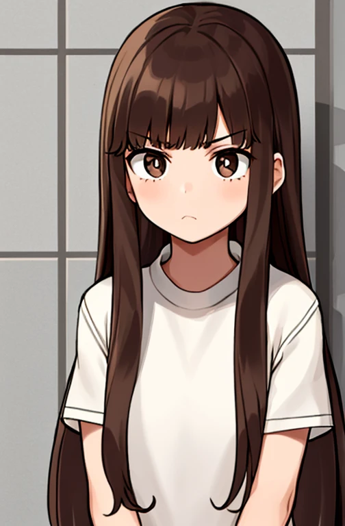 Horikoshi Kouhei, 1 girl, brown hair, brown eyes, cute eyes,long hair, serious.