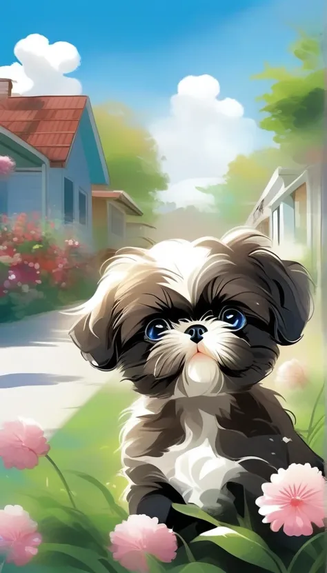 looking_at_viewer, blue_eyes, flower, outdoors, sky, day, cloud, blue_sky, no_humans, animal, small black Shih Tzu puppy, white_flower, realistic, animal_focus, black_puppy