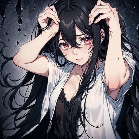 despair, girl, tears, arms covering face, black hair, long hair, messy hair, runny makeup, black background, rain, portrait, depression, crying